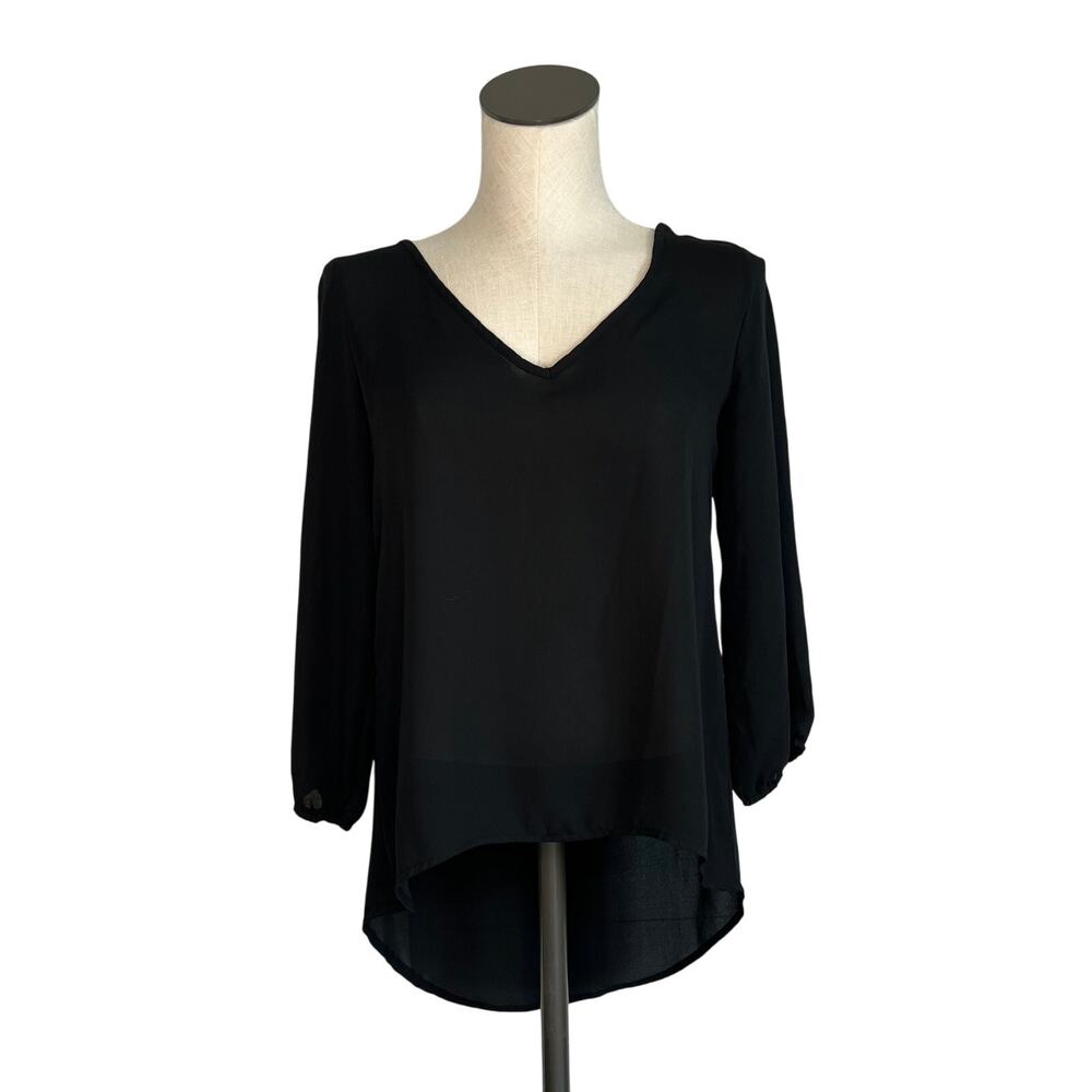 American Dream Black Sheer High Low Tunic V-Neck Bubble Sleeve Top XS